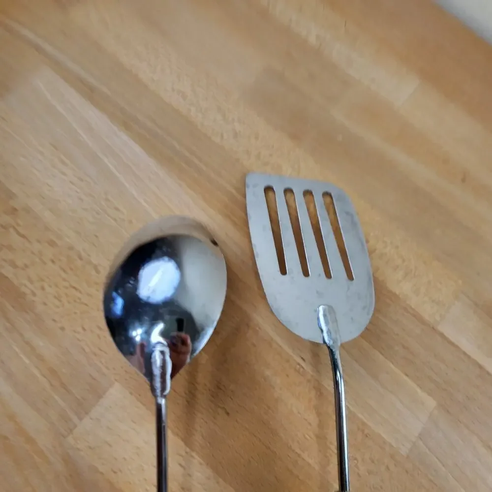 Vintage Kitchen Utensil Serving Spoon & Spatula Turner Black Plastic Handle